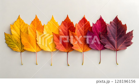 Vibrant ombre display of autumn leaves arranged in a gradient on a light background 128196156