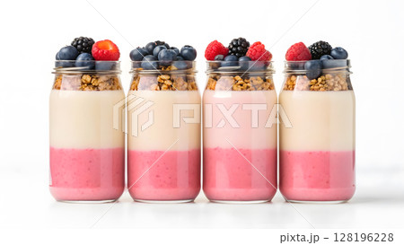 Colorful ombre dessert jars filled with layers of yogurt, granola, and fresh berries 128196228