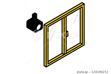 監視カメラのついた窓、防犯とホームセキュリティのアイソメアイコン 監視カメラのついた窓、防犯とホームセキュリティのアイソメアイコン 128196252