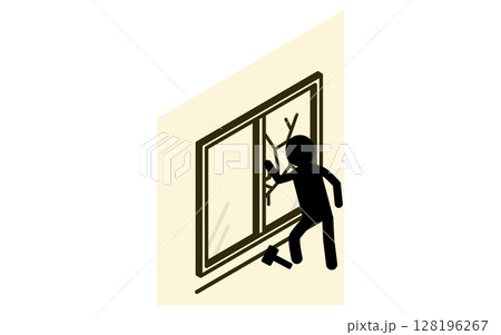 ハンマーで窓をたたき割って侵入する不審者、防犯とホームセキュリティのアイソメアイコン 128196267