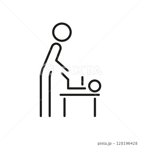 Father Changing Baby Diaper Line Icon. Infant Care And Parenting Outline Symbol. Childcare And Hygiene. Editable Stroke. Isolated Vector Illustration 128196428