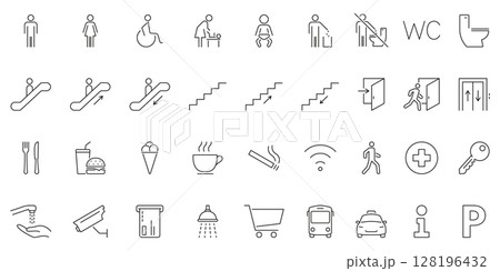 Public Facility And Amenities Icon Set. Universal Symbols For Accessibility, Navigation and Services In Public Spaces. Includes Restrooms, Elevators, Food and Security. Isolated Vector Illustration Public Facility And Amenities Icon Set. Universal Symbols For Accessibility, Navigation and Services In Public Spaces. Includes Restrooms, Elevators, Food and Security. Isolated Vector Illustration 128196432