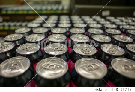 Rows of sealed aluminum beer cans in craft brewery production line 128196715