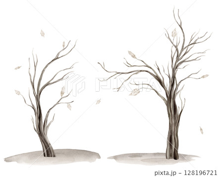 Watercolor illustration set of Tree without leaves silhouette isolated on white background. Brown dry straight twig or Trees for Halloween with autumn leaves and grey earth. Minimalist style. 128196721