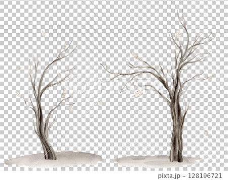 Watercolor illustration set of Tree without leaves silhouette isolated on white background. Brown dry straight twig or Trees for Halloween with autumn leaves and grey earth. Minimalist style. 128196721