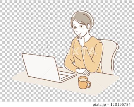 Middle-aged woman smiling while looking at a computer Middle-aged woman smiling while looking at a computer 128196784
