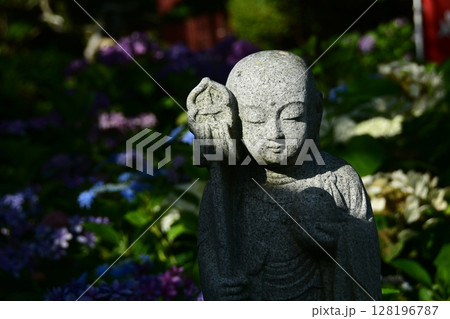 お祈りのお地蔵さんと紫陽花 128196787