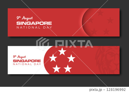 Singapore independence day red white horizontal graphic web banner set. National day of 9th August Singapore banner with flag logo inspired design. Vector holiday template social network banner set 128196992