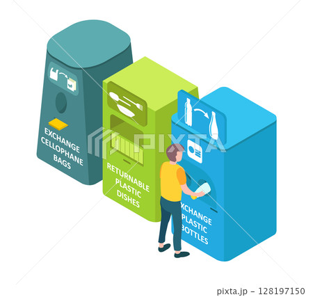 Environmental protection concept: Waste sorting process, on transparent background, 3d isometric vector illustration 128197150