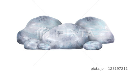 Composition of grey blue stones. Watercolor and marker illustrations. Isolated art with pebbles and geological minerals, hand-drawn. Perfect for design of nature scenes, sea and ocean landscapes. 128197211