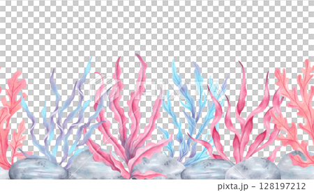 Seamless border composition with colorful seaweed and stones. Watercolor botanical illustration. Hand drawn isolated art. Natural form of marine flora. Travel banner, kids design, underwater theme. 128197212