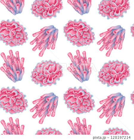 Seamless watercolor sea pattern with coral reef elements. Underwater animals of stylized tube and wave corals. Hand drawn isolated illustration. Image for natural designs, fabric, textile, packaging. 128197214