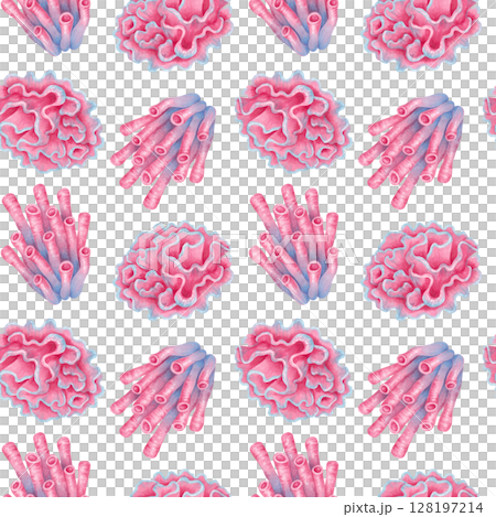 Seamless watercolor sea pattern with coral reef elements. Underwater animals of stylized tube and wave corals. Hand drawn isolated illustration. Image for natural designs, fabric, textile, packaging. 128197214