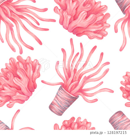 Peachy sea anemones with tentacles and bushy corals. Seamless pattern with sea animals. Watercolor, marker illustration. Hand drawn isolated background. Image for nature themes, fabric, textile. 128197215