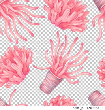 Peachy sea anemones with tentacles and bushy corals. Seamless pattern with sea animals. Watercolor, marker illustration. Hand drawn isolated background. Image for nature themes, fabric, textile. 128197215