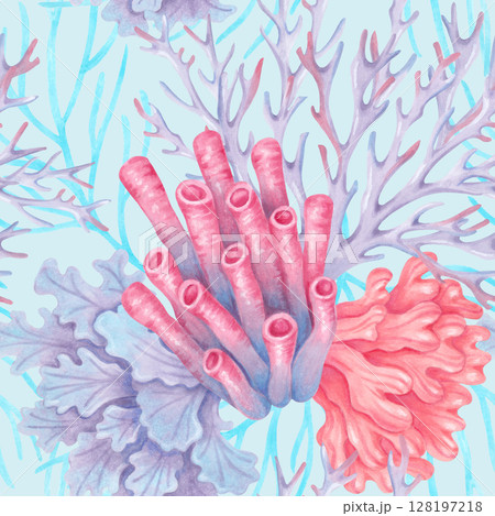 Marine seamless pattern with tubular, branched, lacy corals. Watercolor illustrations. Plant forms of underwater reef. Hand drawn isolated background for fabric, textile, packaging, nature themes. 128197218