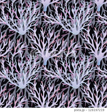 Seamless pattern of branched corals. Watercolor illustrations. Underwater animals of the seabed. Ocean reefs. Hand drawn isolated art. Fabric background, marine theme, textile, children's design. 128197219