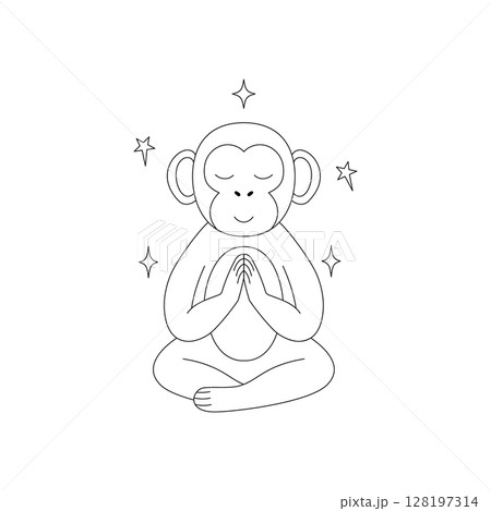 Monkey in a meditative pose with its eyes closed and surrounded by stars Monkey in a meditative pose with its eyes closed and surrounded by stars 128197314