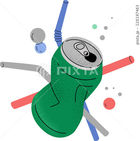Green Twisted Soda Can with Bubbles and Straws Vector Composition Isolated on Transparent Background 128197463