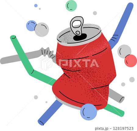 T-Shirt Design with Red Crushed Aluminum Can and Drinking Straws Vector Illustration 128197523