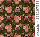 watercolor typewriter and phone with flowers peony retro seamless pattern illustration leaves green dark background 128197553