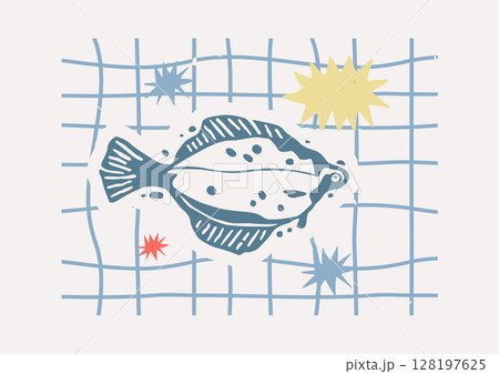 Flounder Silhouette Coastal Vintage Horizontal Poster Template 128197625