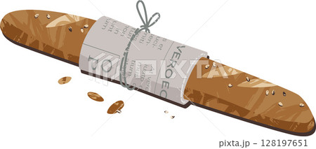 Freshly Baked Baguette Wrapped in Paper Textured Vector Illustration Isolated on Transparent 128197651