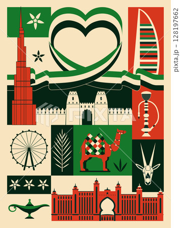 UAE Travel Poster with Symbols and Attractions 128197662