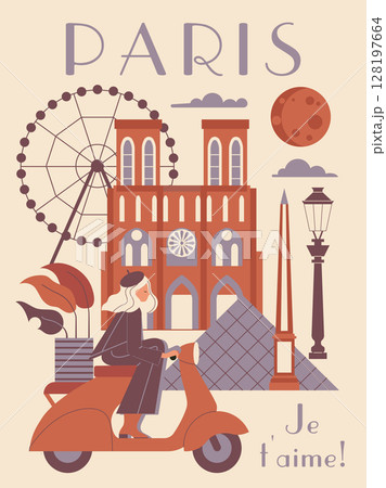 Paris Travel Poster with Woman Riding Scooter 128197664