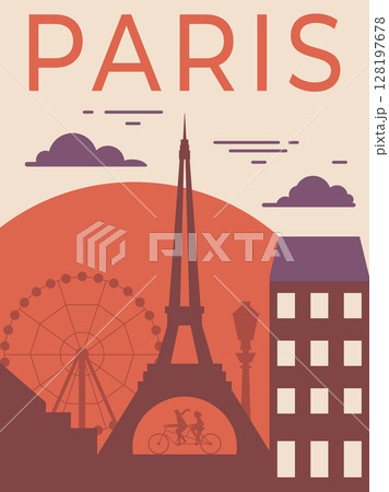 Paris Travel Poster with Tower Landmark 128197678