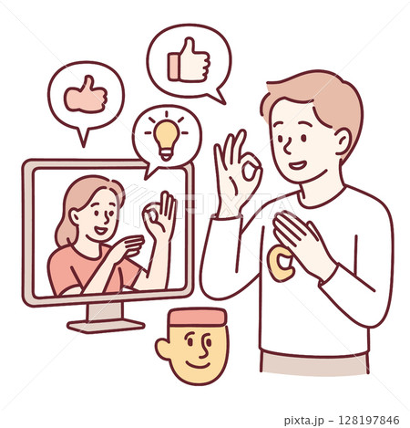 Digital communication, thumbs up, video call, positive interaction, creative ideas expressed Digital communication, thumbs up, video call, positive interaction, creative ideas expressed 128197846