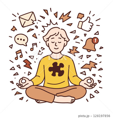 Mindful meditation illustration with person surrounded by various digital icons and symbols 128197856