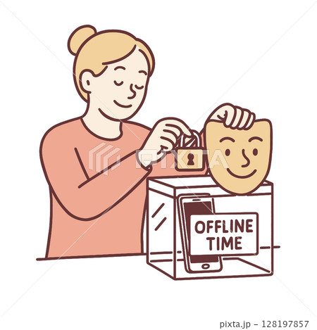 Person locking away phone in box for offline time, promoting digital detox and mindfulness 128197857