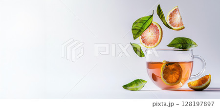 Refreshing Korean yuzu tea with floating citrus slices and green leaves in bright light Refreshing Korean yuzu tea with floating citrus slices and green leaves in bright light 128197897