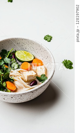 Super realistic vegan pho with tofu, rice noodles, and lime in a minimalist setting 128197902