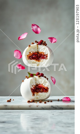 Delicate Japanese wagashi dessert with adzuki bean center and floating petals on marble background 128197903