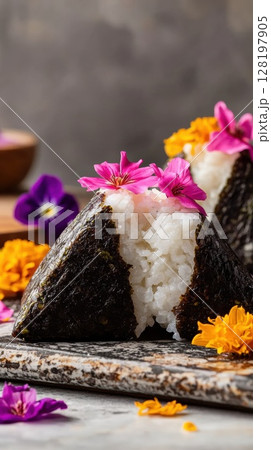 Delicate Japanese avocado onigiri garnished with vibrant edible flowers in a spring setting 128197905