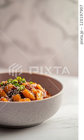 Rich and delicious tteokbokki served in a neutral-toned bowl highlighting Asian culinary artistry 128197907