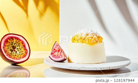 Indulgent coconut mousse topped with vibrant passionfruit sauce on elegant marble setting 128197944