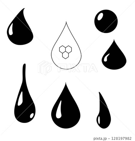 Water honey drop isolated set. Vector graphic line illustration. Silhouette sign for logo, print, comics, fashion, pop art, boards, design, stickers, decoration, posters Water honey drop isolated set. Vector graphic line illustration. Silhouette sign for logo, print, comics, fashion, pop art, boards, design, stickers, decoration, posters 128197982