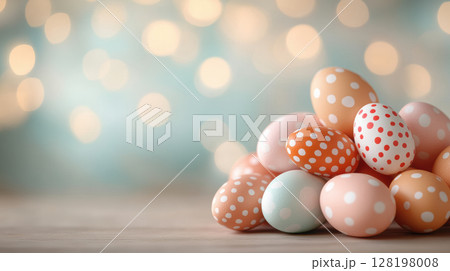 Colorful pastel polka dot Easter eggs in soft focus with bokeh lights cheerful festive decoration, AI Generative 128198008
