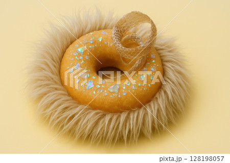 Glittering yellow donut with iridescent decorations and textured fur ring on pastel background, featuring playful abstract pattern, AI Generative 128198057