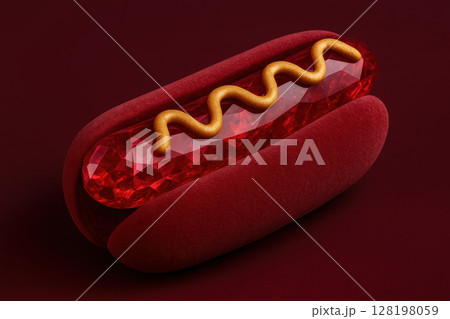 Luxurious red gemstone hot dog with velvet bun and gold mustard swirl on deep burgundy background, creative gourmet concept, AI Generative 128198059