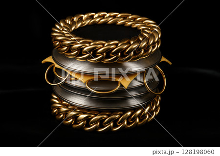 Bold gold chain and metallic rings elegantly stacked on polished silver discs with dramatic reflections against a black background, AI Generative 128198060
