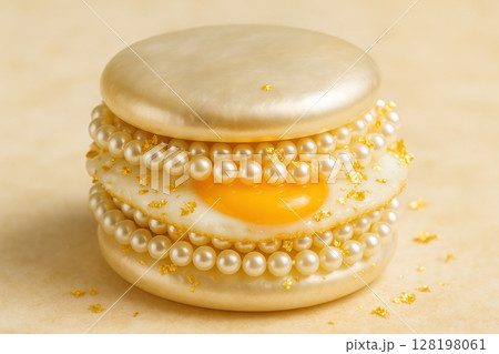 Luxurious pearl adorned macaron dessert with golden edible accents and a fried egg center on a creamy background, AI Generative 128198061