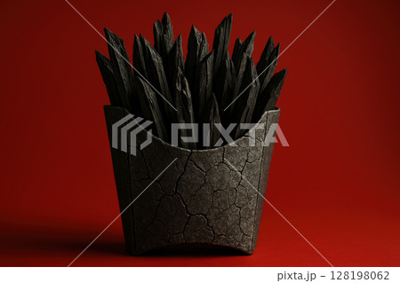 Charcoal french fries in a cracked textured container on a vibrant red background highlighting abstract food art concept, AI Generative 128198062