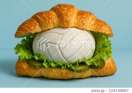 Creative croissant sandwich filled with lettuce, cucumber slices, and a volleyball on a pastel blue background, AI Generative 128198067