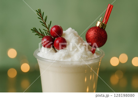 Festive vanilla milkshake topped with snowy whipped cream, red berries, evergreen sprig, and holiday ornament against blurred lights, AI Generative 128198080