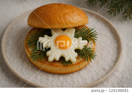 Gourmet breakfast sandwich with snowflake shaped egg, fresh fir branches, and soft bun served on a snowy textured plate, AI Generative 128198081