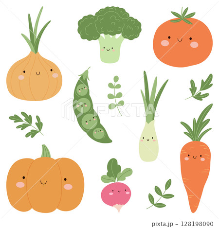 Cute vector set of smiling vegetables with faces and herbs on white background Cute vector set of smiling vegetables with faces and herbs on white background 128198090